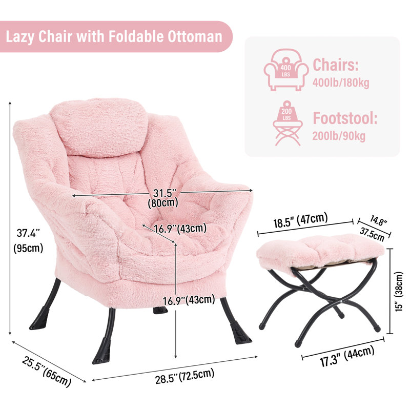 Abramson Lazy Chair, Modern Lounge Accent Chair with Armrests and a Side Pocket, Pink Plush, No