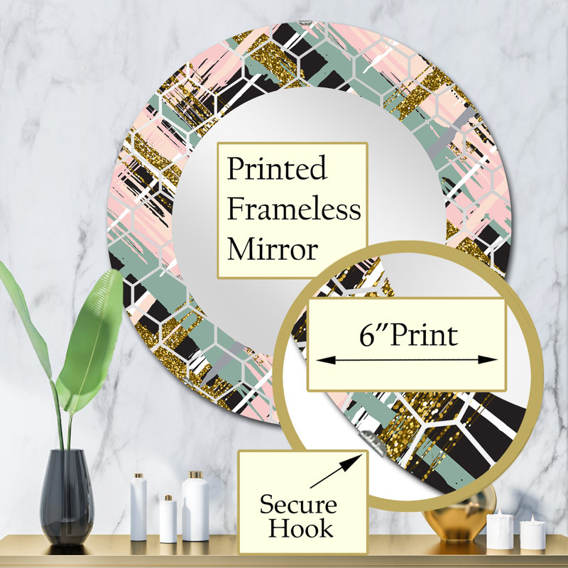 Miroir mural bleu, rose et paillettes III, 32 po x 32 po