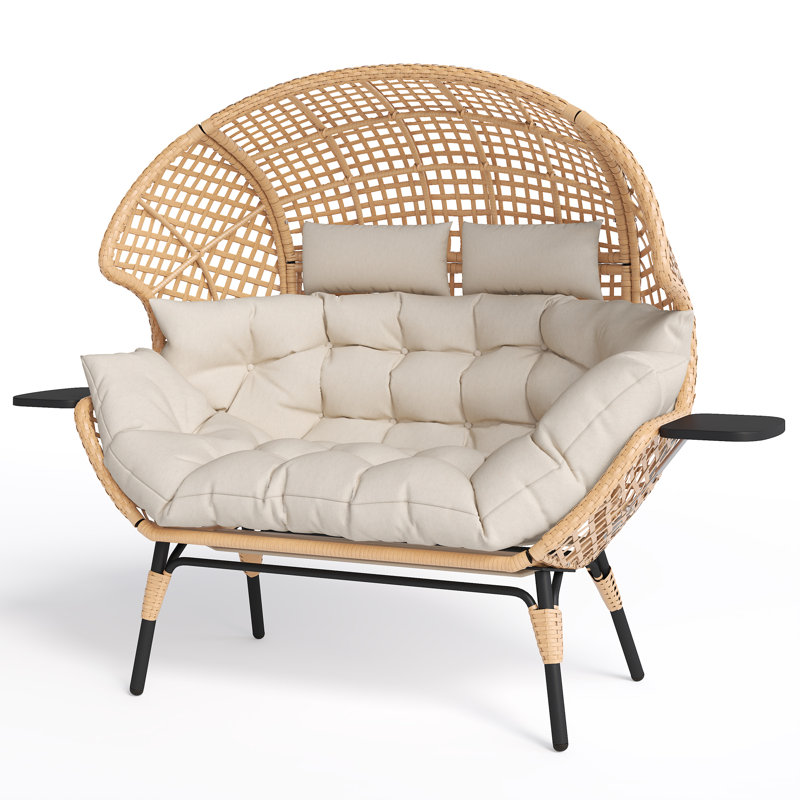 Double Egg Chair Indoor Outdoor Stationary Oversized Thicken Padded Cushions,2 Person Egg Loveseat Chair With Cup Holder,Grid