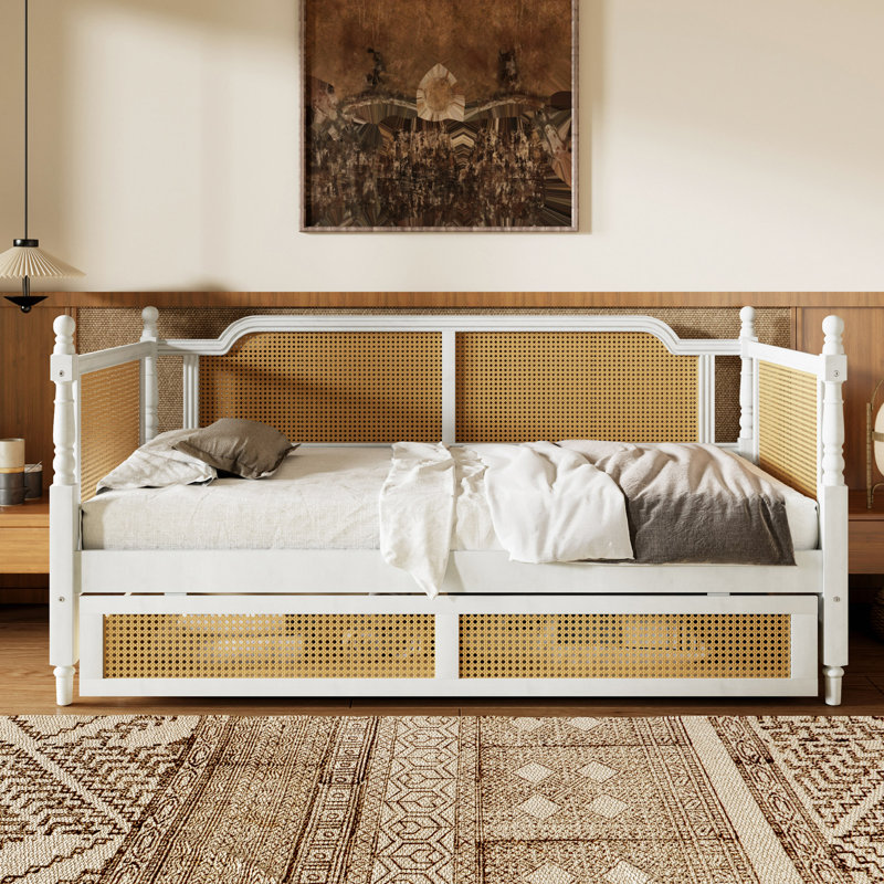 Lit de jour en rotin de style traditionnel avec 2 tiroirs pour un espace limité, chambre d'amis, Lit simple, Blanc antique