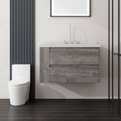 Meuble-lavabo flottant 36 po avec lavabo 36 po, tiroir à fermeture en douceur, comptoir et dosseret en marbre de culture blanc de 2 po Carrara, contreplaqué, gris