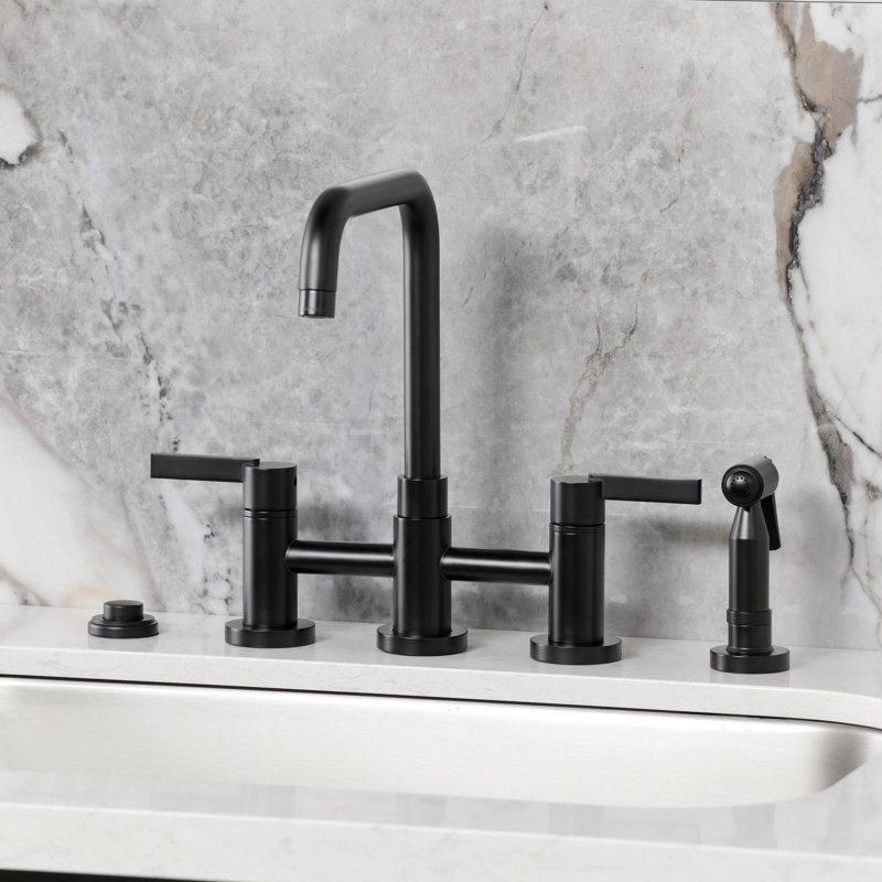Kingston Brass Continental Two-Handle 4-Hole Deck Mount Bridge Kitchen Faucet with Brass Side Sprayer, Matte Black