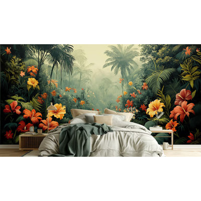 Vintage Tropical Jungle Wall Mural Hibiscus Flowers Palm Trees Misty Rainforest Landscape for Home Decor