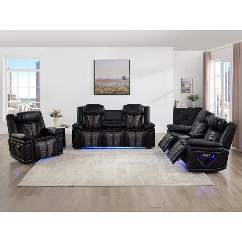 Ensemble de salon en cuir respirant inclinable électrique 3 pièces avec ensemble de 2 fauteuils de cinéma en similicuir et table basse rabattable (ensemble de 2)