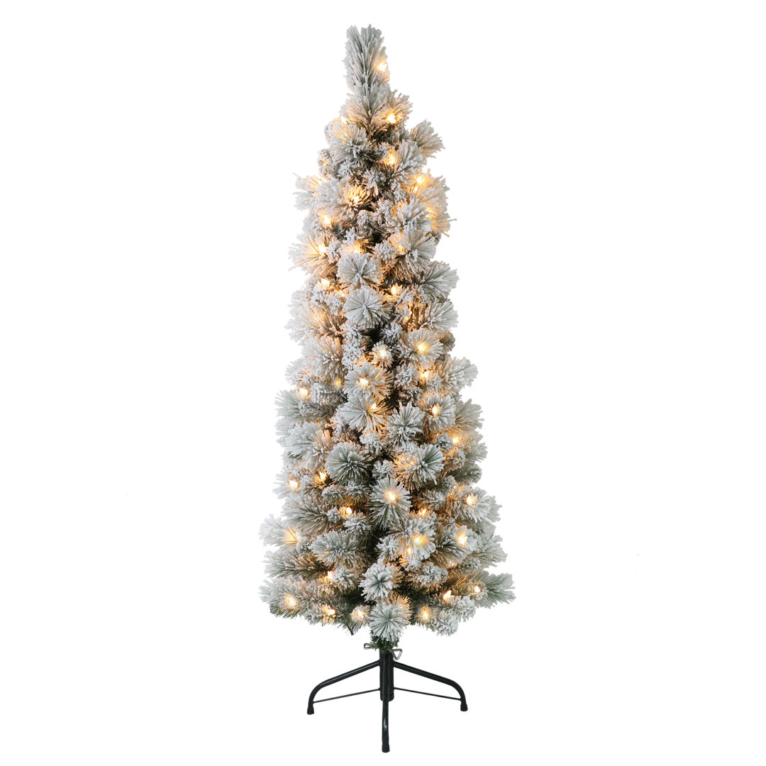 Slender Green Pine Flocked/Frosted Christmas Tree with Lights