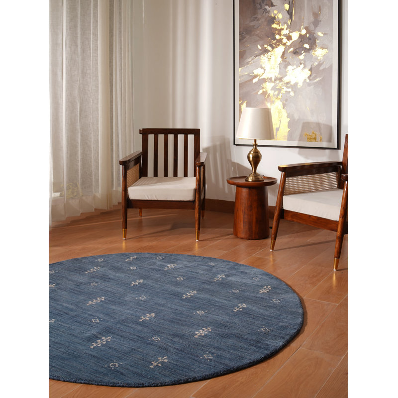 Tapis en laine noués à la main - Rond | Couleur bleue | Tapis antidérapants contemporains et épais à la main pour salon, chambre à coucher