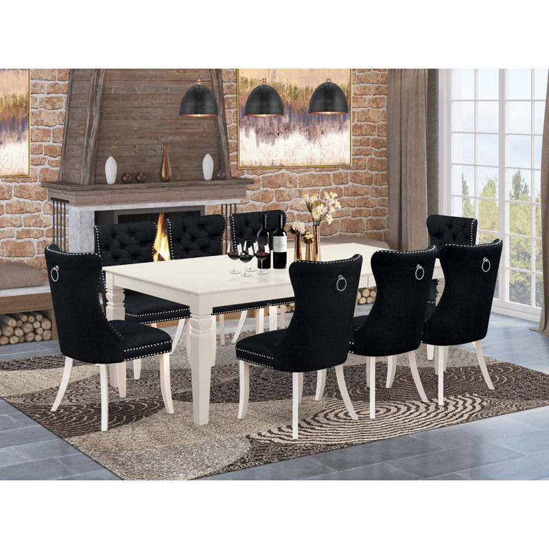 Ensemble de coin repas 9 pièces comprenant une table de salle à manger rectangulaire avec rallonge amovible et 8 chaises rembourrées, 42 x 84 po, lin blanc