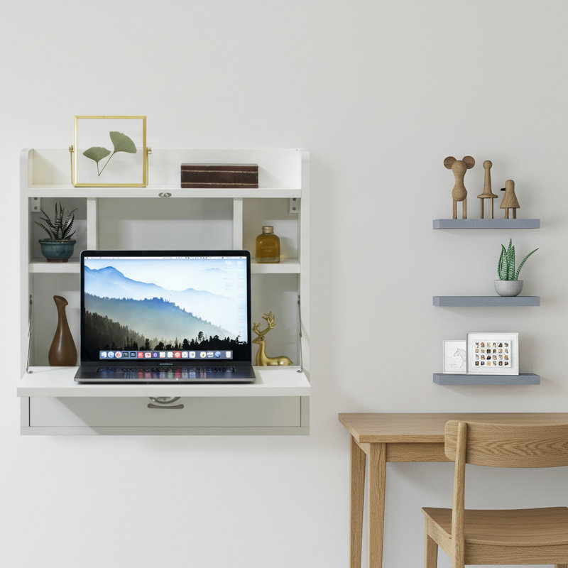 Bureau mural pliable avec tablettes de rangement - Table flottante avec tiroirs Basicwise, Blanc
