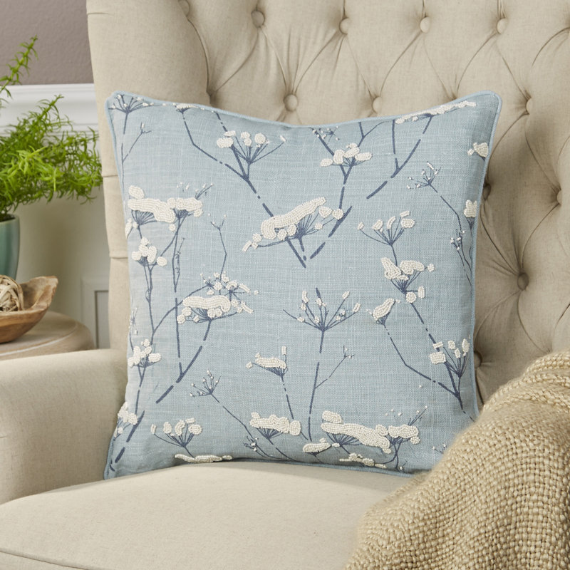 Alora Floral Linen Pillow Cover, Blue, No Fill, 20" H x 20" W x 4" D