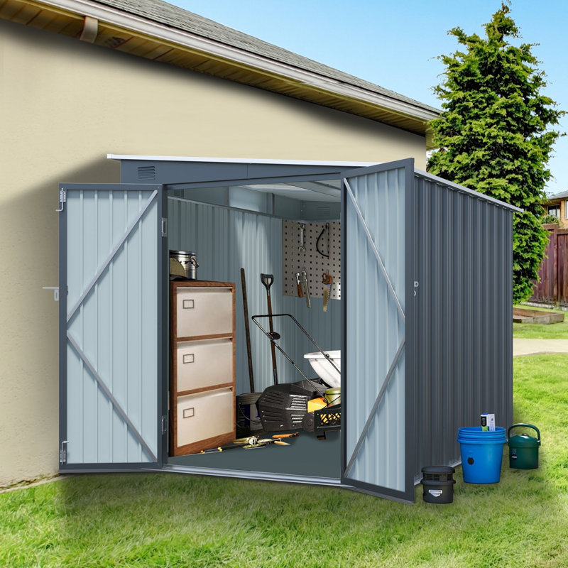 Remise de rangement extérieure en acier galvanisé de 6 x 8 pi avec portes doubles verrouillables, inclinaison en métal avec panneau d'éclairage PC gratuit pour les outils, les vélos et les essentiels de patio (sans les planchers)
