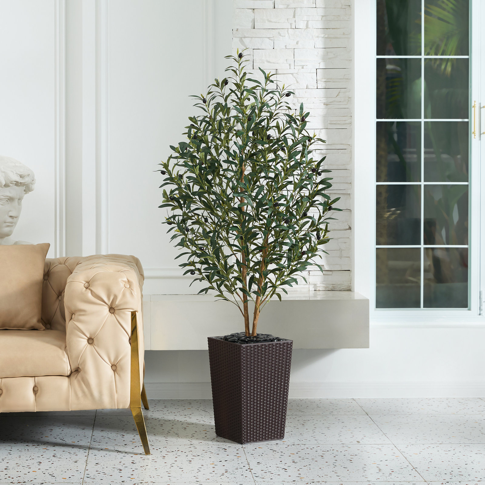 George Olive Tree in Decorative Vase, 60" H x 20" W x 20" D, Brown