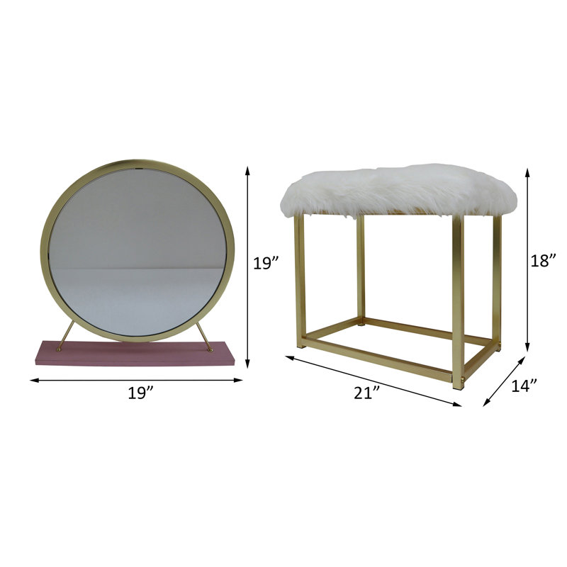 Miroir de coiffeuse et tabouret en fausse fourrure Adao, Rose/or