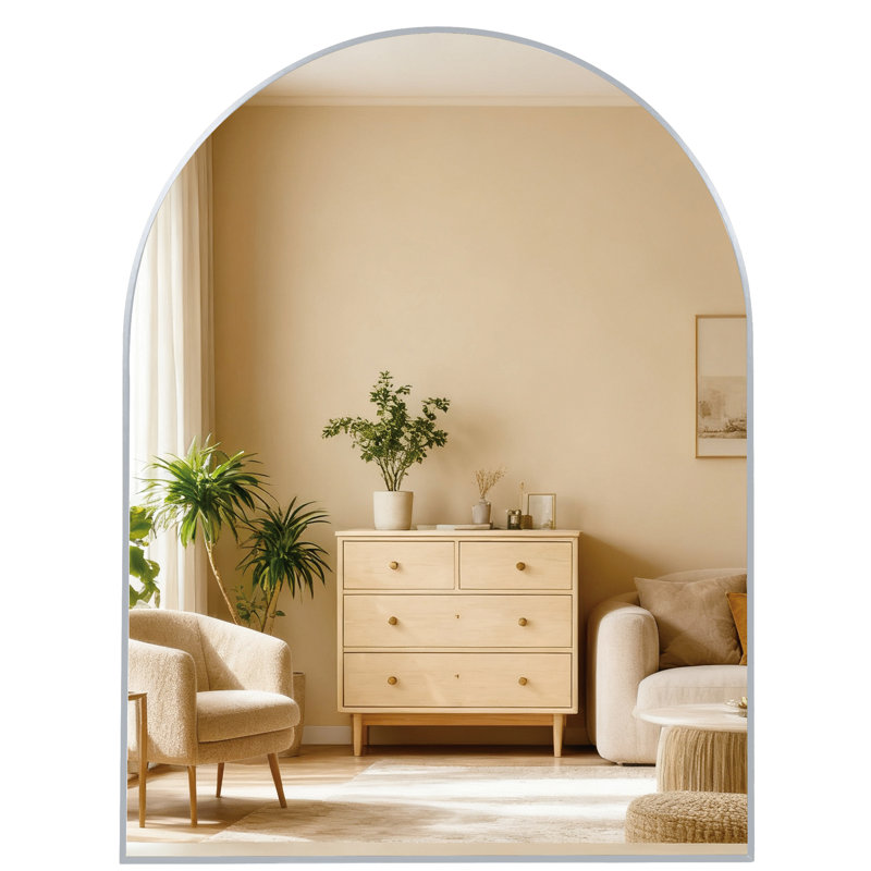 Miroir mural de salle de bain 30 x 36 pouces arqué avec cadre en métal argenté - verre de 4 mm de hauteur, aluminium rouillé, livré avec guide d'installation