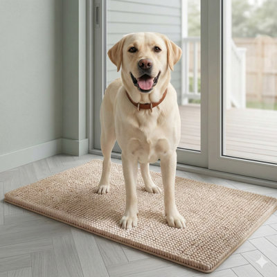 Tapis pour chien 30 x 20 pouces très absorbant pour pattes boueuses, chenille à séchage rapide, lavable à la machine et antidérapant, pour porte d'entrée ou cage, beige