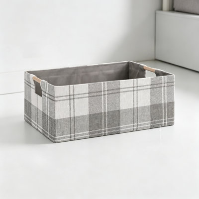Fabric Storage Bin Box Collapsible Cotton Linen Storage Cube with Wooden Handles Rectangular Decorative Home Organizer for Clothes, Blankets, and Towels - Light Gray Plaid