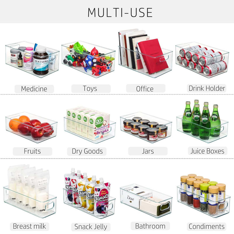 Paquet de 8 bacs de rangement empilables en acrylique transparent pour la cuisine et le réfrigérateur