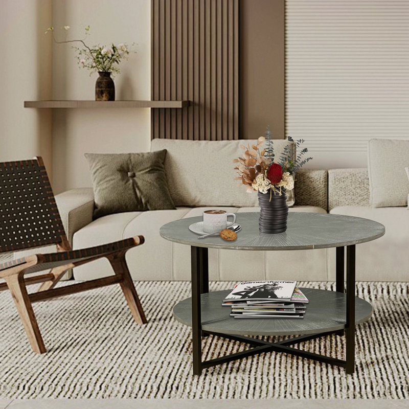 Table basse ronde de 31,5 po x l 31,5 po x H 18,3 po avec rangement à 2 niveaux, table basse de salon de style campagnard avec pieds en métal noir, effet de bureau patchwork facile à assembler