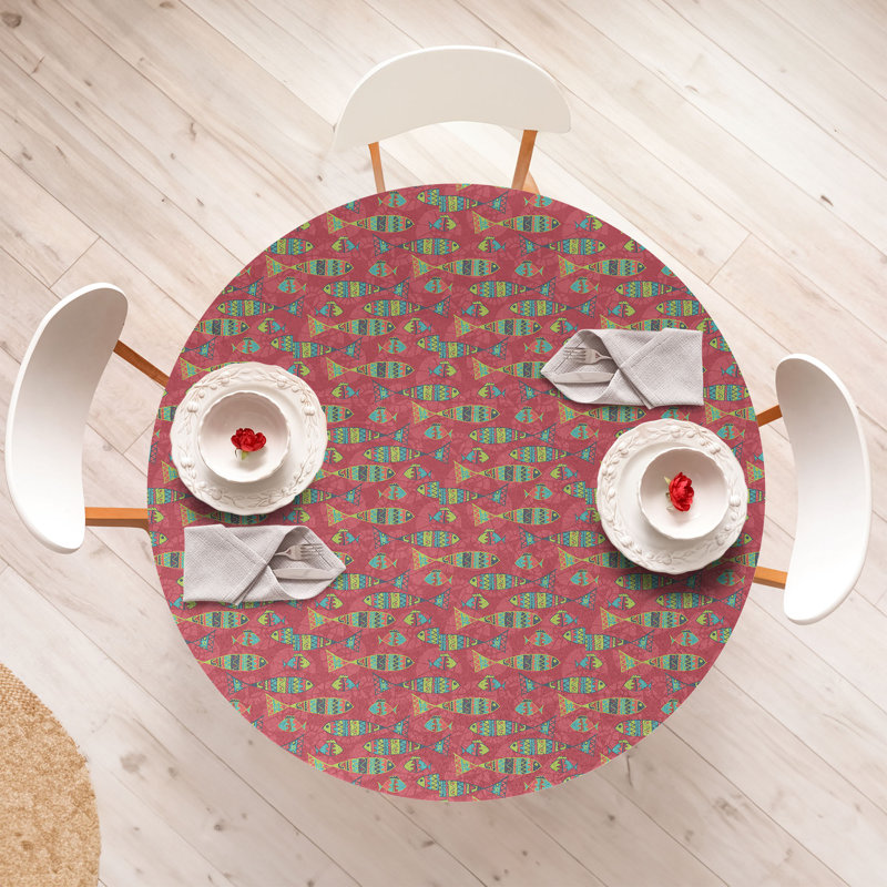 Bungalow Rose Fish Fitted Round Tablecloth Diameter Pale Ruby and Multicolor, 64.17" Round