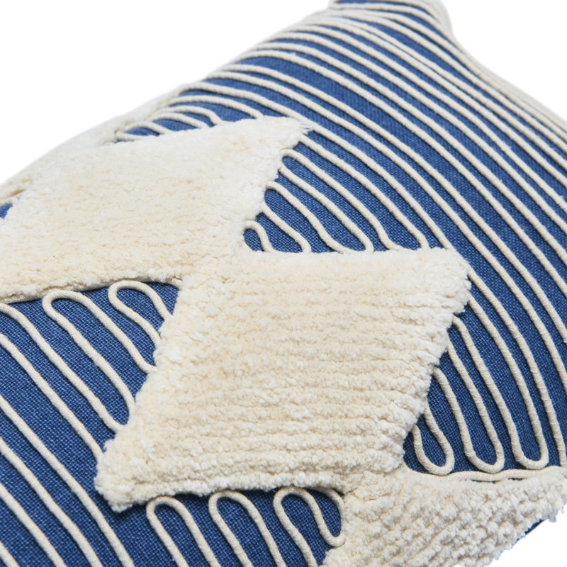 Blue and Beige Cotton Tufted Lumbar Pillow with Embroidered Rope Stripes