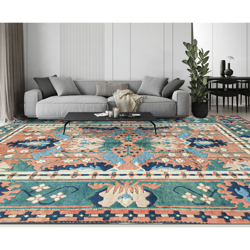 Hand-Knotted High-Quality Rust and Green Area Rug