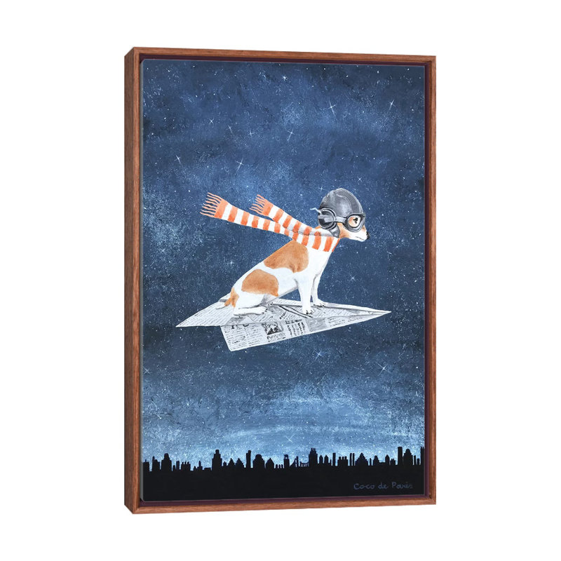 Jack Russell sur un avion en papier par Coco De Paris - impression d'art graphique, Toile avec cadre en bois brun, Aucun mat