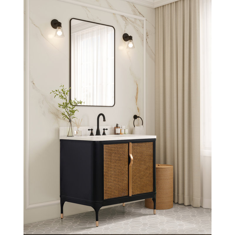 36" Freestanding Single Sink Solid Wood Mid-Century Glam Bath Vanity with Engineered Marble Top, Black