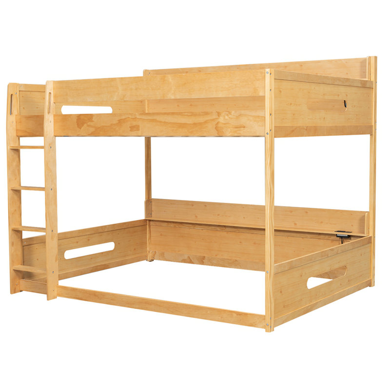 Lit superposé grand sur grand avec tablettes de rangement et ports USB, Bois