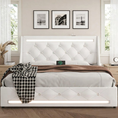 Queen Bed Frame With Upholstered Wingback Headboard, 2 Storage Drawers, Led Lights, Easy Assembly 12" Wide Wingback, Charging Station, No Box Spring