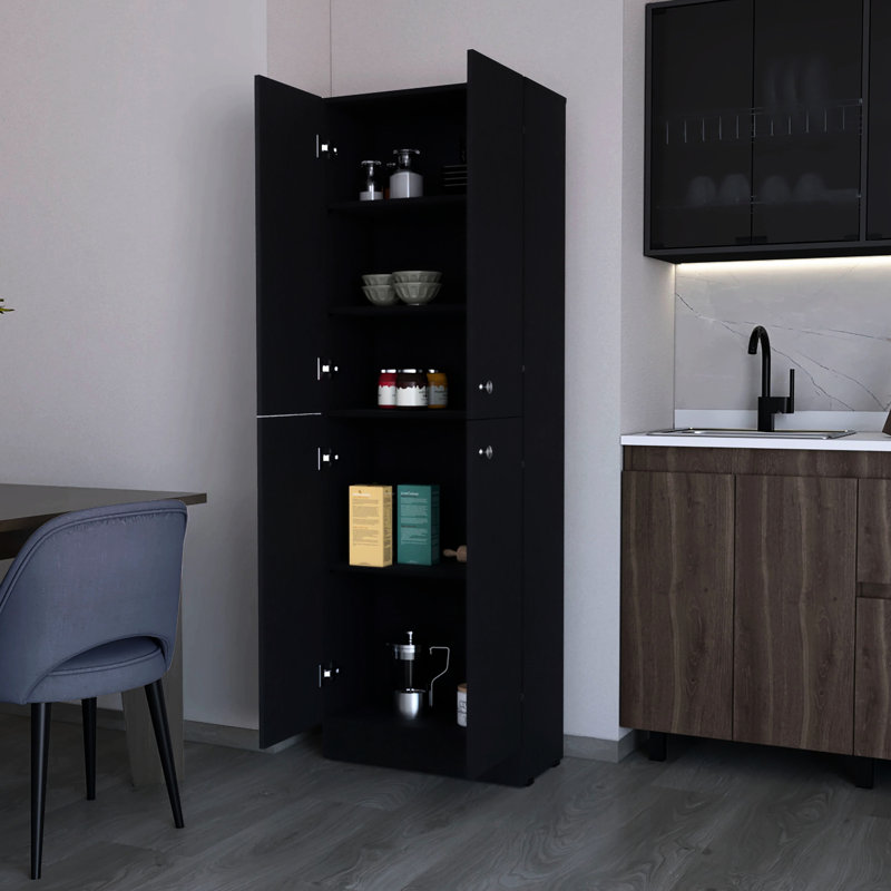 Black Pantry Cabinet With 4 Doors, 5 Shelves For An Organized Kitchen And Doors Elegant, Black