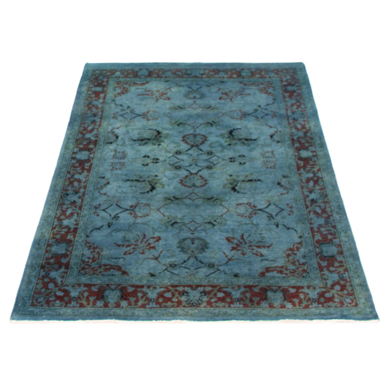Tapis bleu denim clair en laine noué à la main de conception unique 4 pi 10 po x 7 pi 4 po