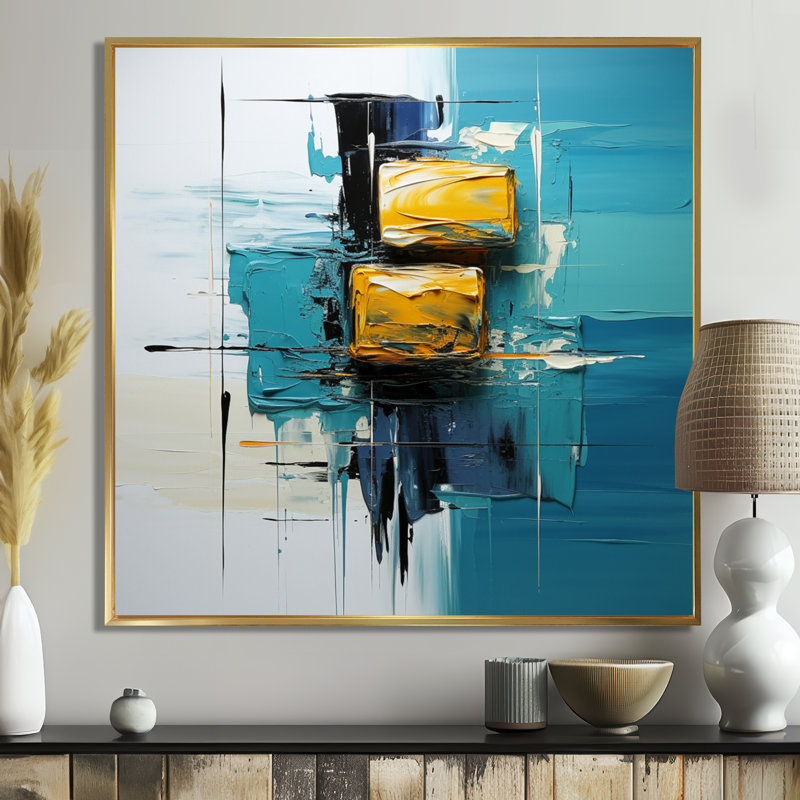 «Ebullient pensé jaune moutarde sur fond bleu», art mural abstrait, Gold Floater Framed, H 16 po x l 16 po