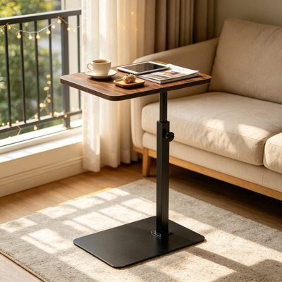 C Shaped Side Table, Small End Table with Adjustable Height and Metal Base for Living Room, Bedroom, Rustic Brown