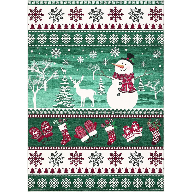 2x6 Christmas Runner Rug – Washable, Non-Slip, Santa & Reindeer Print, Low Pile, Foldable Carpet for Hallway, Kitchen, Bedside (Grey)