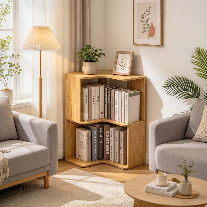 Bibliothèque d'angle modulaire en bambou avec structure ondulée pour des solutions de rangement sécuritaire et polyvalentes
