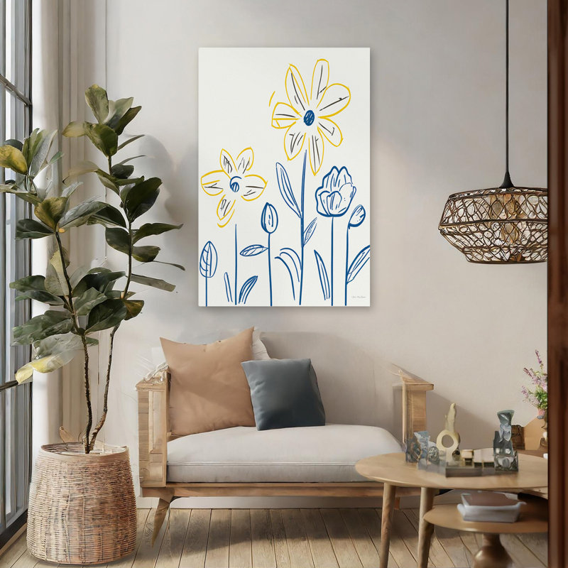 Floral harmonie - fleurs jaunes minimalistes contemporaines, tiges bleues, art, H 48 po x l 32 po