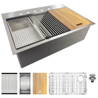 Transolid KWSST322210-4 32-in X 22-in 18-Gauge Drop-in Stainless Steel Kitchen Workstation Sink