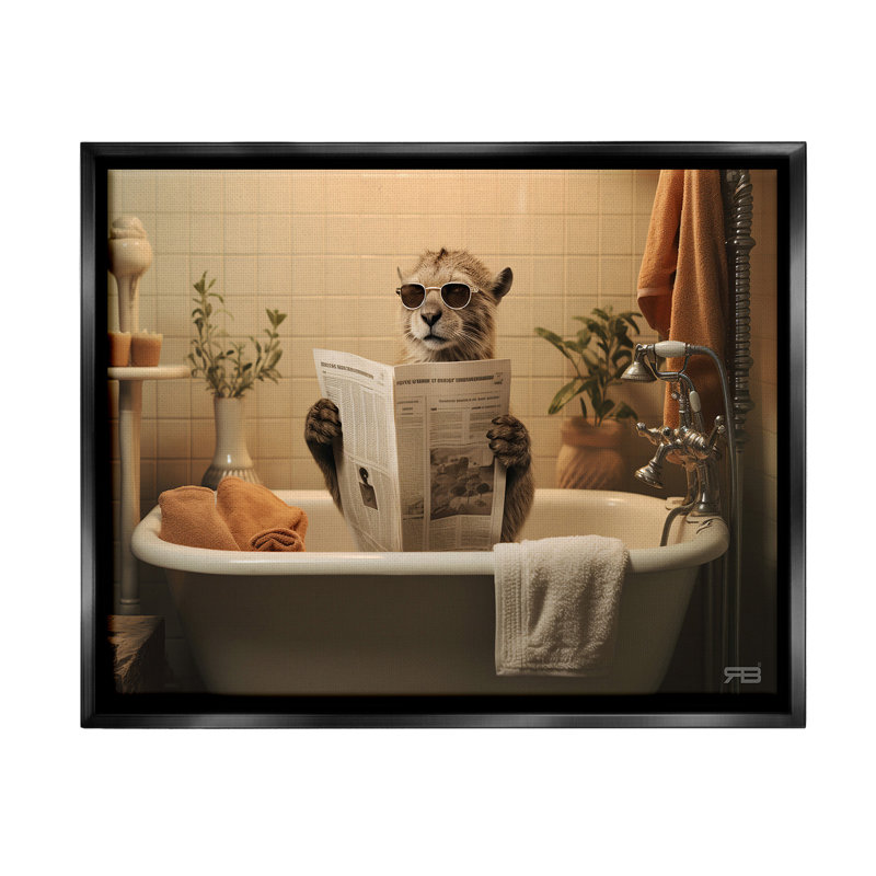 "Wild Cat In Bathaign" par RB sur toile, Cadre flottant noir de jais, H 25 po x l 31 po