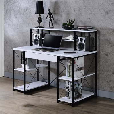 Bureau d'écriture pour la maison, un tiroir et 8 compartiments ouverts, blanc noir, base en tube de métal, bureau rectangulaire de 47 pouces de profondeur, 1 tablette multiple, cadre noir, chambre à coucher appropriée, matériaux en acier, 24