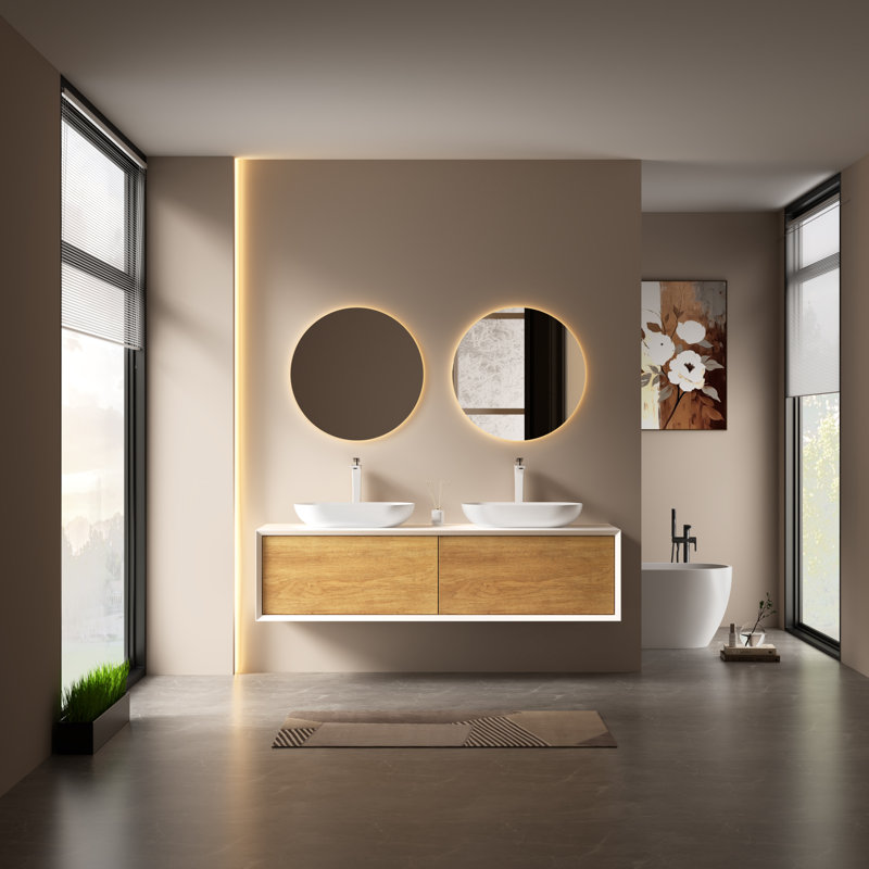 Meuble-lavabo double mural 55 po avec surface solide blanche et 2 tiroirs, 63"