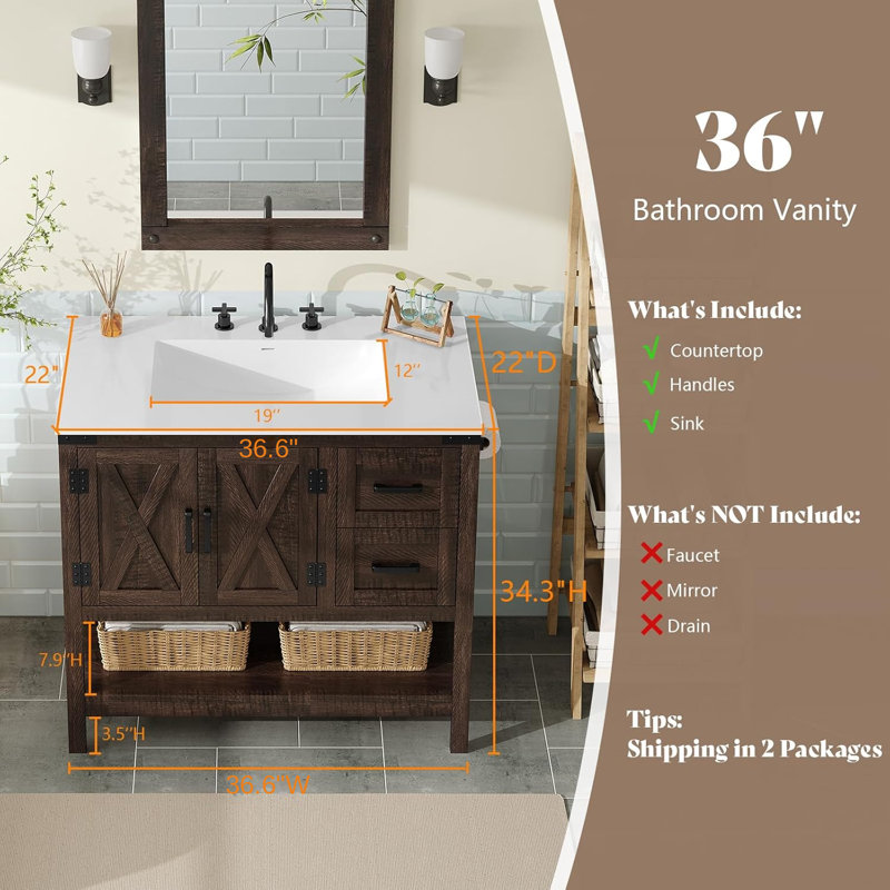 Chimira 35" Farmhouse Storage Bathroom Vanity with Sink Combo,Rustic Brown, Brown, 33.3'' H x 35'' W x 22'' D