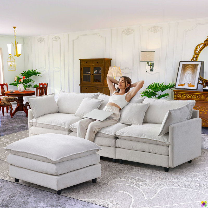 Aariketh 105"W Modular Chenille LAF RAF Sectional, Sofa Couch, 3 Seater, Beige Chenille
