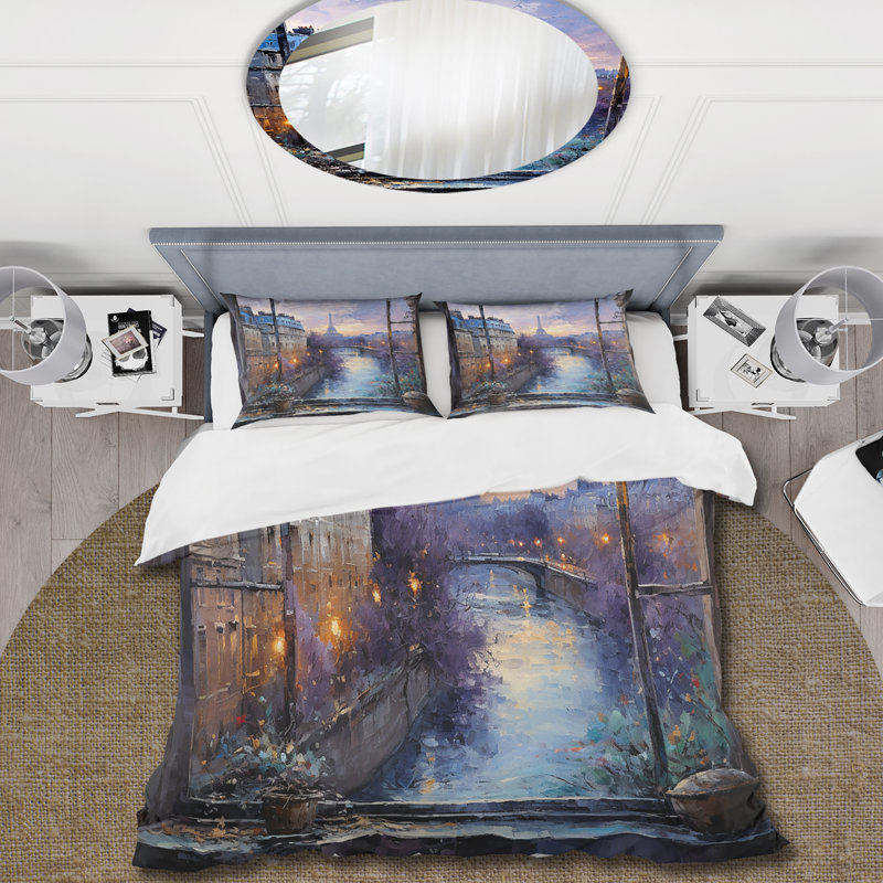 Ensemble de housse de couette Cityscapes Paris Window View Sunset - Microfibre polyester