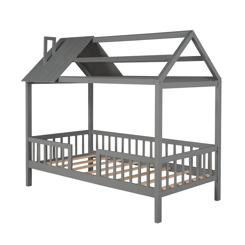 Lit simple en bois avec clôture, gris