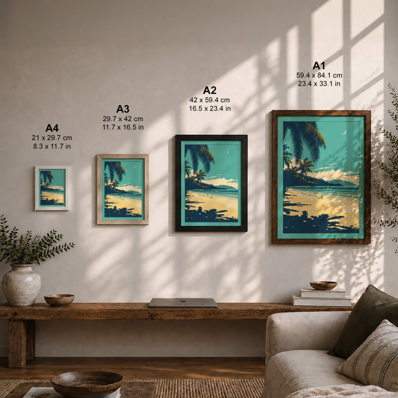 Moonlit Shore Tropical - Framed Print, A3 - 42.0 x 29.7 cm, Black