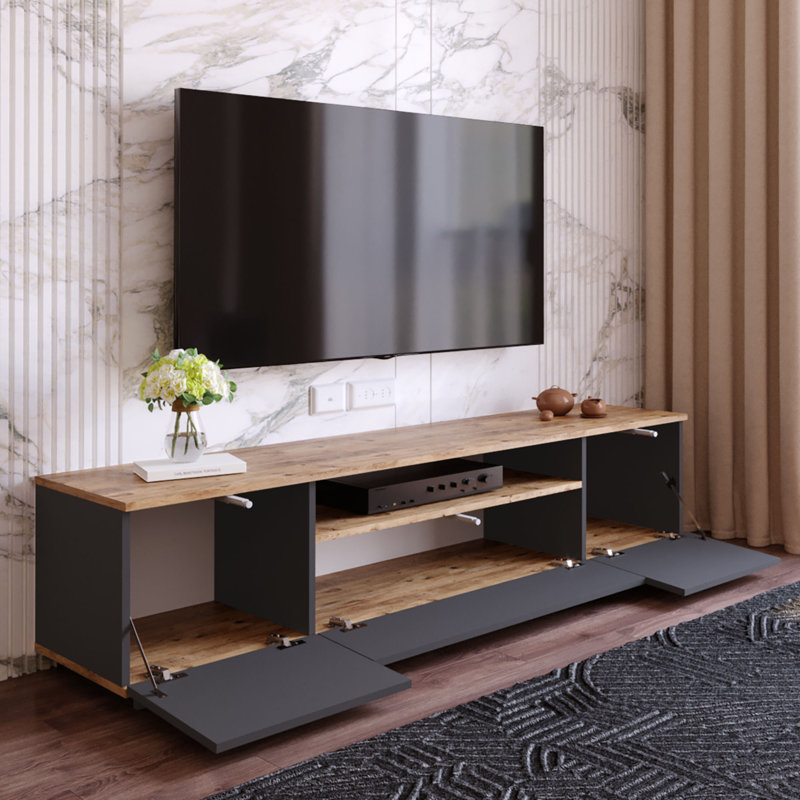 Meuble télé moderne avec portes à pousser, pin atlantique et anthracite, 70,9 po x 17,6 po x 17,5 po | 100% panneau de particules enduit de mélamine, épaisseur: 0,7 pouce | Conception élégante et fonctionnelle pour le salon et les espaces de divertissement, assemblage facile
