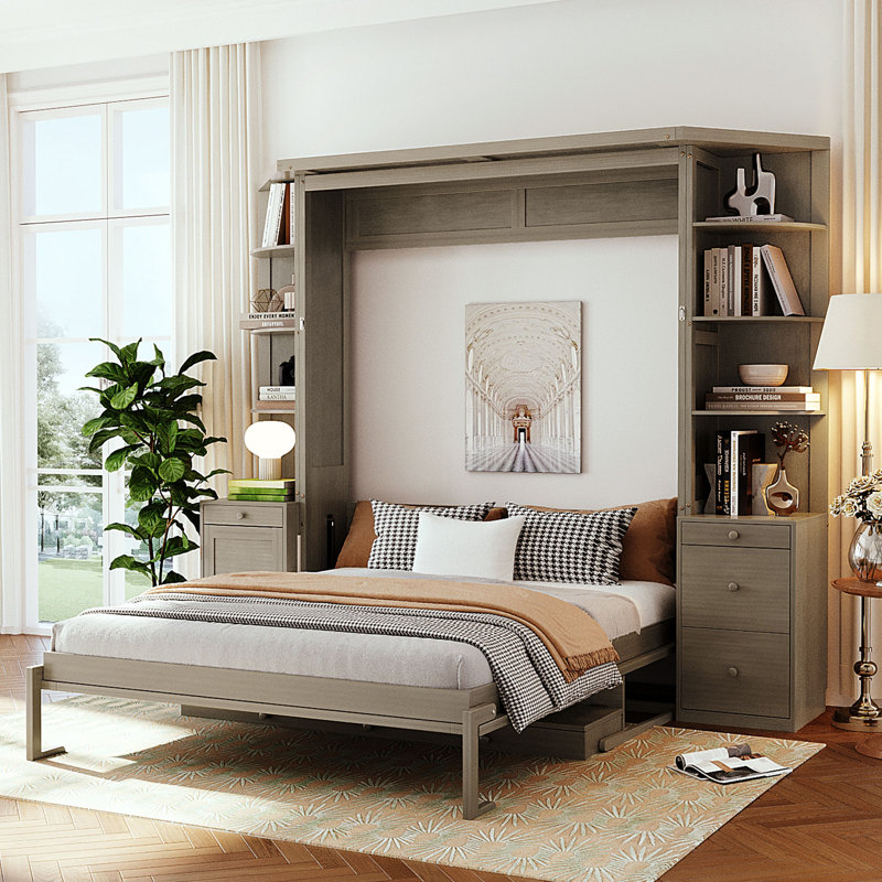 Lit escamotable avec bureau, tablettes et armoires de rangement, lit escamotable mural pour un bureau à domicile peu encombrant