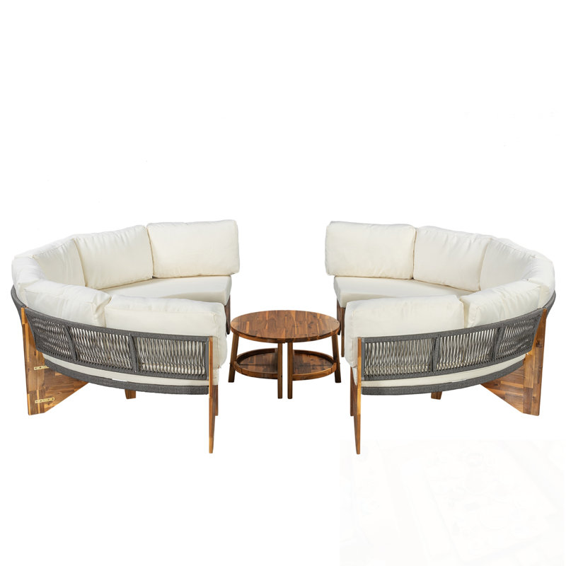 Ensemble de canapés d'extérieur 3 pièces avec 2 canapés demi-cercle et une table basse, Beige