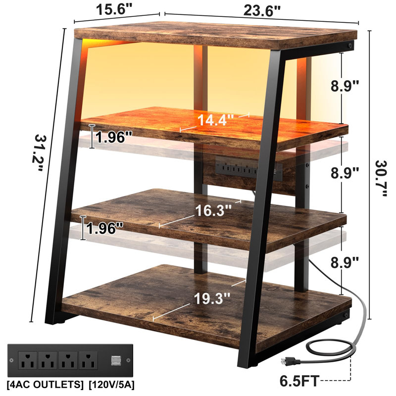 4-Tier AV Media Stand with Power Strips, Rustic Brown