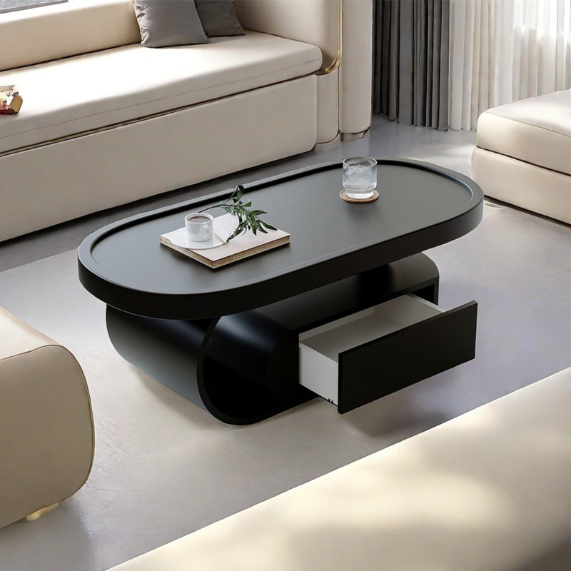 Modern simple oval shaped coffee table, Black, 16.5" H x 43.3" L x 23.6" W, Black