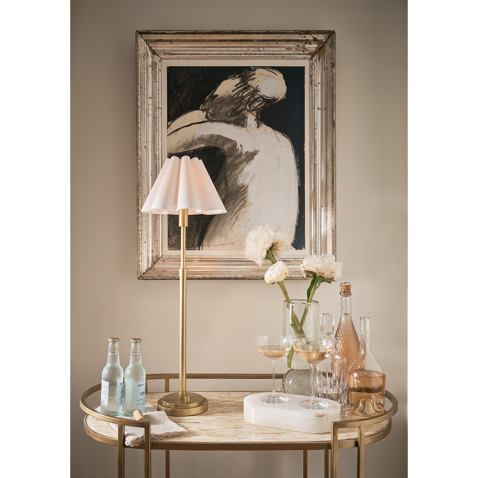 Polly Buffet Table Lamp, 27.25" H x 9.75" W x 9.75" D, Natural Brass, White